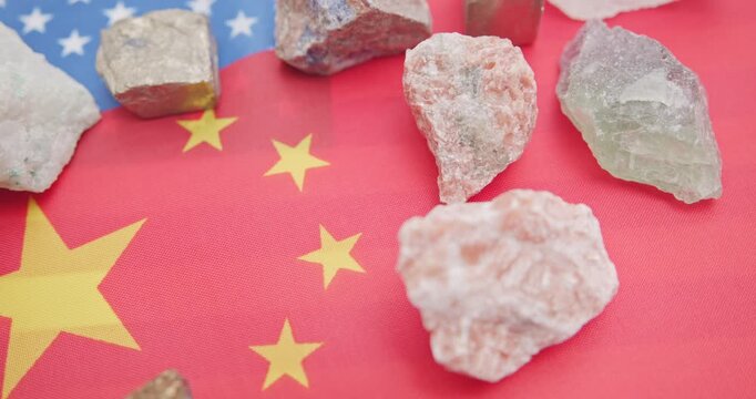 US and China Trade War Concept with Critical Minerals and Rare Earth Elements on Flags