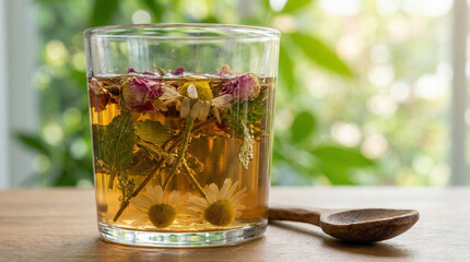 A glass of herbal tea infused with dried flowers, ideal for wellness and relaxation, set against a blurred green background.