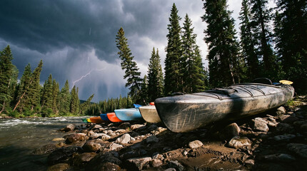 Colorful kayaks on a rocky riverbank with storm clouds and lightning, great for adventure and outdoor sports promotions.