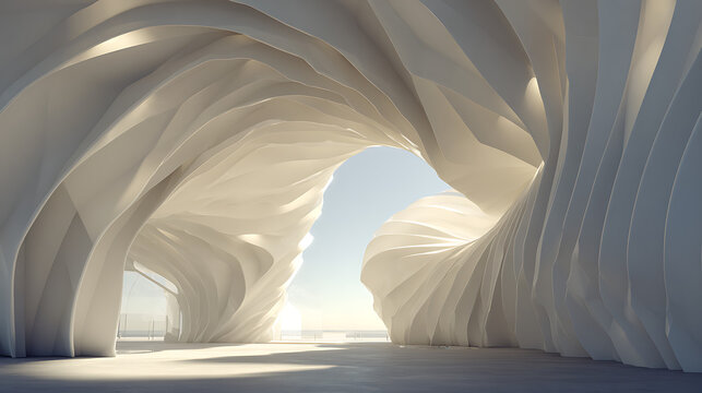 Organic white architectural structure with flowing curves and natural light abstract architecture