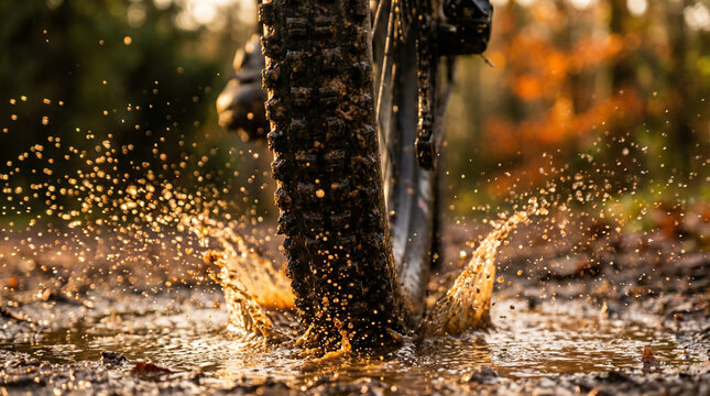 Close-up of a mountain bike tire splashing through a muddy puddle, ideal for action-oriented outdoor sports content.