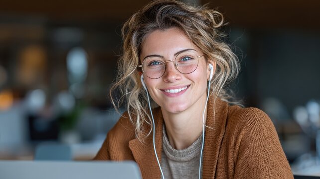 Happy mature woman in hybrid office participates in business meeting or digital conference call using laptop, wearing headphones at desk