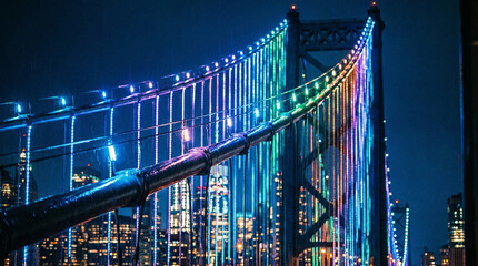 A close-up view of a bridge highlighted with colorful lights, showcasing an urban skyline, ideal for cityscape posters or travel ads.