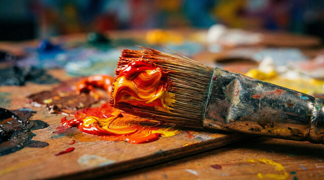 Close-up of a vibrant paintbrush with red and yellow paint on a wooden palette, ideal for art supply promotions or creative projects.