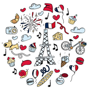Set of hand drawn French doodle elements in cartoon style.