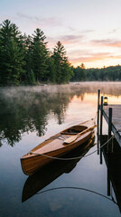 Obraz premium A serene lake at dawn with a wooden canoe tied to a dock, surrounded by misty trees and a pastel sky, perfect for nature-themed projects.