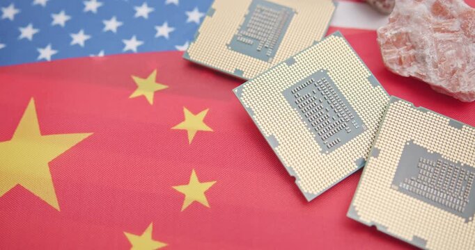 Rare earth minerals and CPUs on the US&ndash;China flags highlight intensifying semiconductor restrictions and future strategic resource competition amid global tech tensions.
