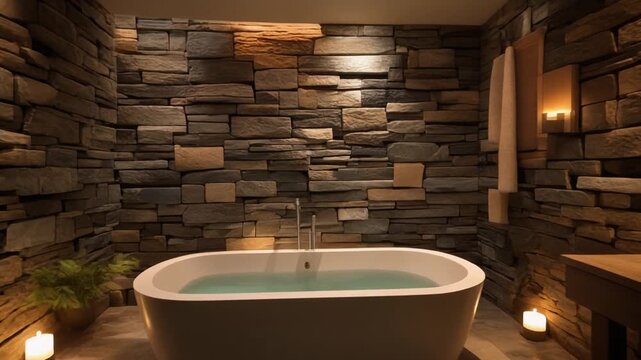 A spa-like bathroom with stone textures, warm indirect lighting, a large soaking tub filled with still water reflecting soft ambient glow, and minimal movement in shadows.
