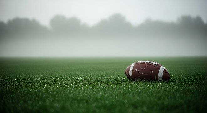 A lone american football rests on the dewcovered green grass of a field shrouded in heavy morning fog or mist - Powered by Adobe