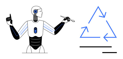Humanoid robot pointing and holding a tool beside a recycling triangle, conveying sustainability, technology, and future growth. Ideal for AI, robotics, eco-tech, innovation, teaching automation