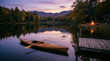 A peaceful lake at dusk featuring a kayak, wooden dock, and a campfire amidst colorful autumn trees, ideal for fall-themed designs.