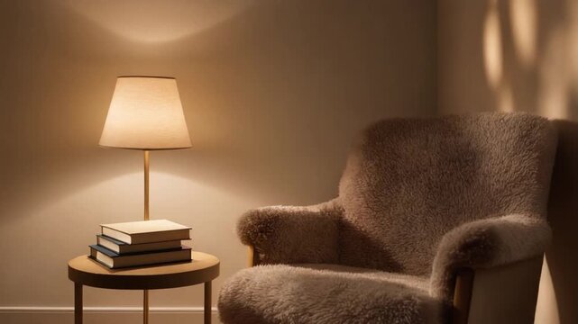 A quiet reading corner with a plush armchair, a small side table holding stacked books, a warm lamp casting gentle ambient glow, and soft shifting light patterns on the wall.