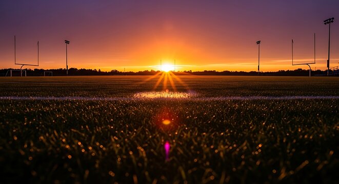 Dramatic low angle view of a sun setting over a grassy football field with goalposts silhouetted against the vibrant sky - Powered by Adobe