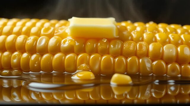 Bright yellow corn kernels coated in melted butter, glossy reflections across the surface, small beads of butter pooling between kernels, and subtle rising steam.