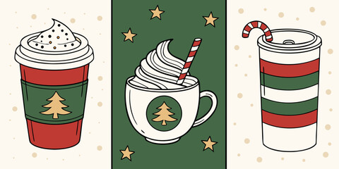 three christmas holiday beverages illustration featuring festive coffee drinks with whipped cream candy cane and christmas tree design in red green colors for seasonal caf&eacute; decoration