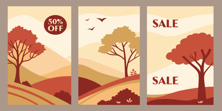 autumn sale promotional banners set featuring minimalist landscape with rolling hills trees and fall colors in rust orange golden yellow for seasonal marketing design