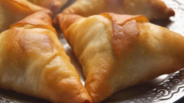 Triangular vegetable samosas with crisp, blistered pastry skin, golden color variations, fine cracks revealing inner layers, and warm steam subtly escaping from tiny openings.