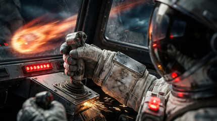 Astronaut in a cockpit during a dangerous space mission. Pilot's hand on a joystick as a fiery meteor passes the window of a futuristic spacecraft