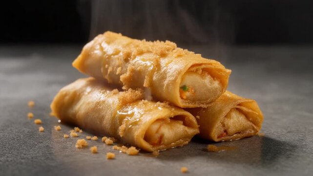 A stack of crispy vegetable spring rolls on a matte stone surface, golden flaky crust with tiny crumb particles falling softly, oil sheen catching shifting light, and steam escaping through microcrack