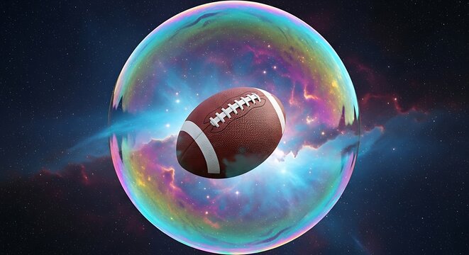 American football suspended inside a colorful, glowing cosmic bubble or sphere against a dark starry space background