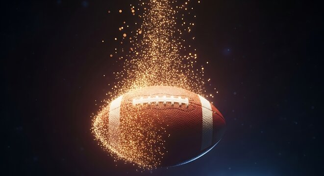 Dynamic american football glowing with golden sparkling particles against a dark, dramatic background for sports promotion - Powered by Adobe
