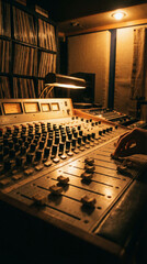 Detailed view of a vintage audio mixing console with knobs and sliders, perfect for music production backgrounds or sound engineering ads.