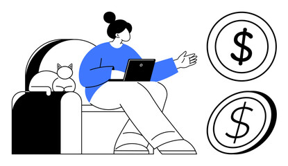 Woman using laptop on armchair, accompanied by a cat, with floating dollar coins symbolizing income. Ideal for remote work, financial planning, freelancing, online business, budgeting, productivity