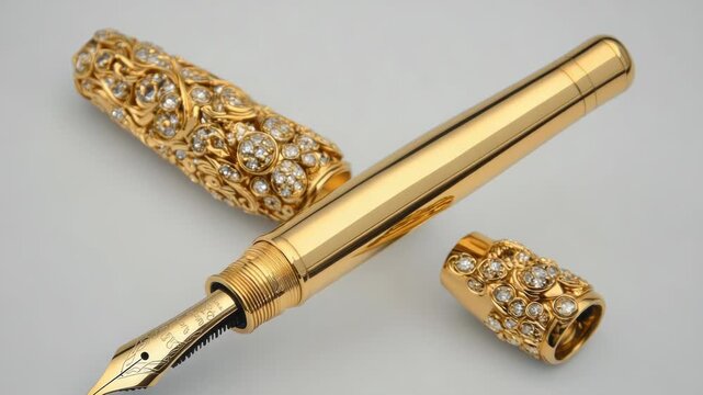 Video A luxurious fountain pen with a gold finish and diamond details, perfect for writing and making a statement