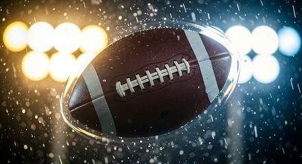 Close up of a wet, leather american football flying through the air under stadium lights during a rainy game