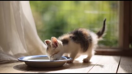 playful feline scene, charming house scene of playful calico cat sipping milk in bright morning light