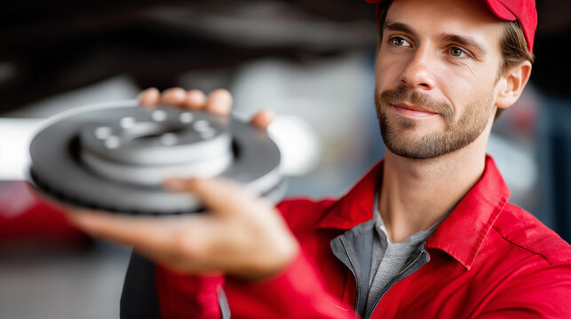Mechanic inspecting car brake system defocused repair maintenance, faceless automotive workshop, service visualization detail, blurred garage background, inspection concept, mainte
