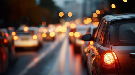 Cars in heavy traffic dusk defocused brake lights, faceless urban congestion, glowing visualization detail, blurred wet road background, city lights concept, traffic interface, eve