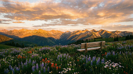 Charming view of a bench surrounded by wildflowers and majestic mountains at sunset, suitable for peaceful retreats and nature photography.