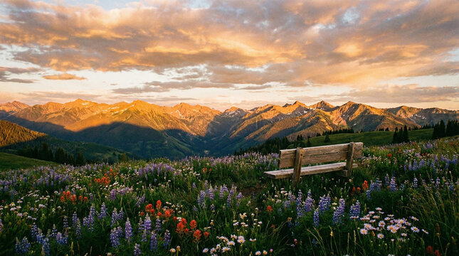 Charming view of a bench surrounded by wildflowers and majestic mountains at sunset, suitable for peaceful retreats and nature photography.