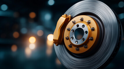 Disc brake of modern car defocused component display, faceless automotive part, brake visualization detail, blurred background setting, vehicle concept, braking interface, modern d