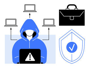 Hooded figure at laptop with alert, multiple laptops interconnected, briefcase, shield with checkmark. Ideal for cybersecurity, data protection, hacking, IT risk online security encryption. Simple