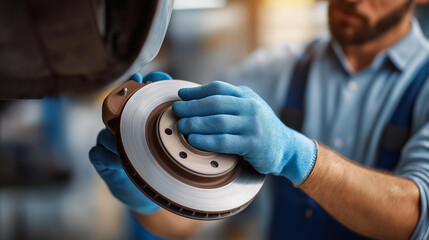 Mechanic replacing brake pads on defocused vehicle hands, faceless blue gloves work, disc visualization detail, blurred workshop background, auto repair concept, wheel interface, m