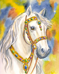 Portrait of a beautiful white horse in a rich harness decorated with precious stones, watercolor illustration, print for poster, greeting card and other designs.