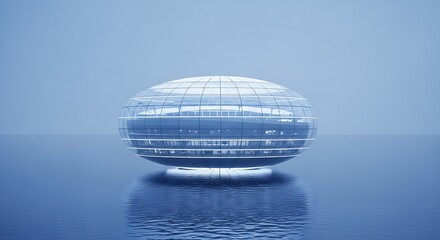 Futuristic glowing blue sphere or orb structure floating on calm water surface under a light blue sky background