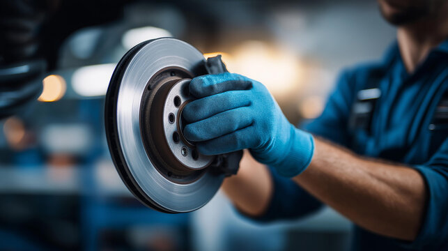 Mechanic replacing brake pads on defocused vehicle hands, faceless blue gloves work, disc visualization detail, blurred workshop background, auto repair concept, wheel interface, m - Powered by Adobe