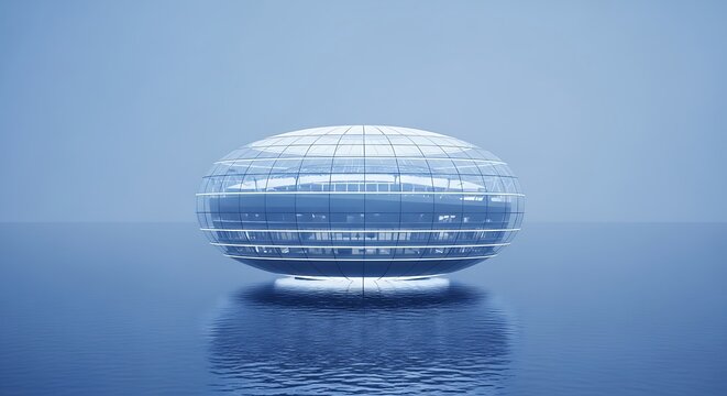 Futuristic glowing blue sphere or orb structure floating on calm water surface under a light blue sky background