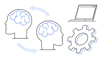 Two human heads with brains connected by arrows illustrate knowledge transfer, alongside symbols of a laptop and a gear. Ideal for technology, innovation, education, teamwork, communication, digital