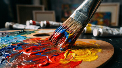 Capture the essence of creativity with a close-up of a paintbrush mixing vibrant colors on a wooden palette, ideal for art blogs and tutorials.