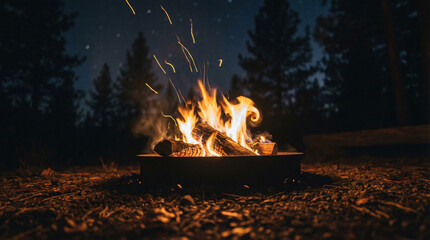 A vibrant campfire burns in a dark forest, with sparks flying into the starry night, ideal for nighttime camping adventures.