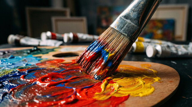 Capture the essence of creativity with a close-up of a paintbrush mixing vibrant colors on a wooden palette, ideal for art blogs and tutorials.