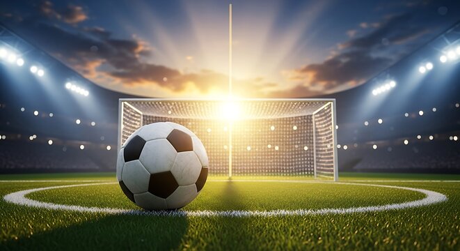 Soccer ball resting on the grass penalty spot in front of a goal under bright stadium lights at sunset - Powered by Adobe