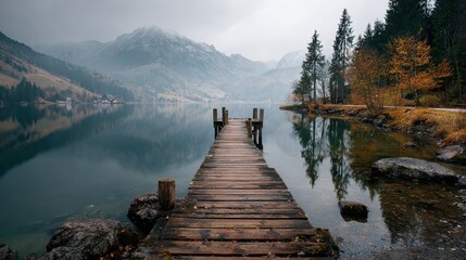 Wooden pier extends into calm lake with mountain views during sunset in austria, capturing serene tranquility and reflective waters