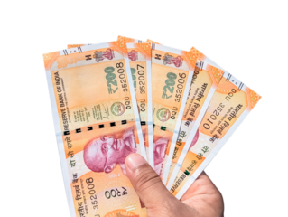 hand holding Indian currency on transparent background