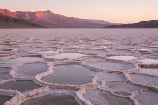 Salt flats with hexagonal patterns at sunset, surrounded by mountains