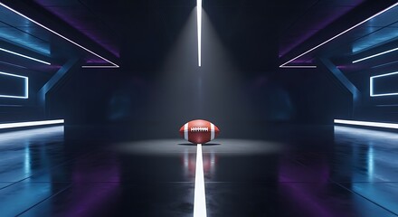 American football resting on reflective floor in dark futuristic tunnel with dramatic spotlight and neon light